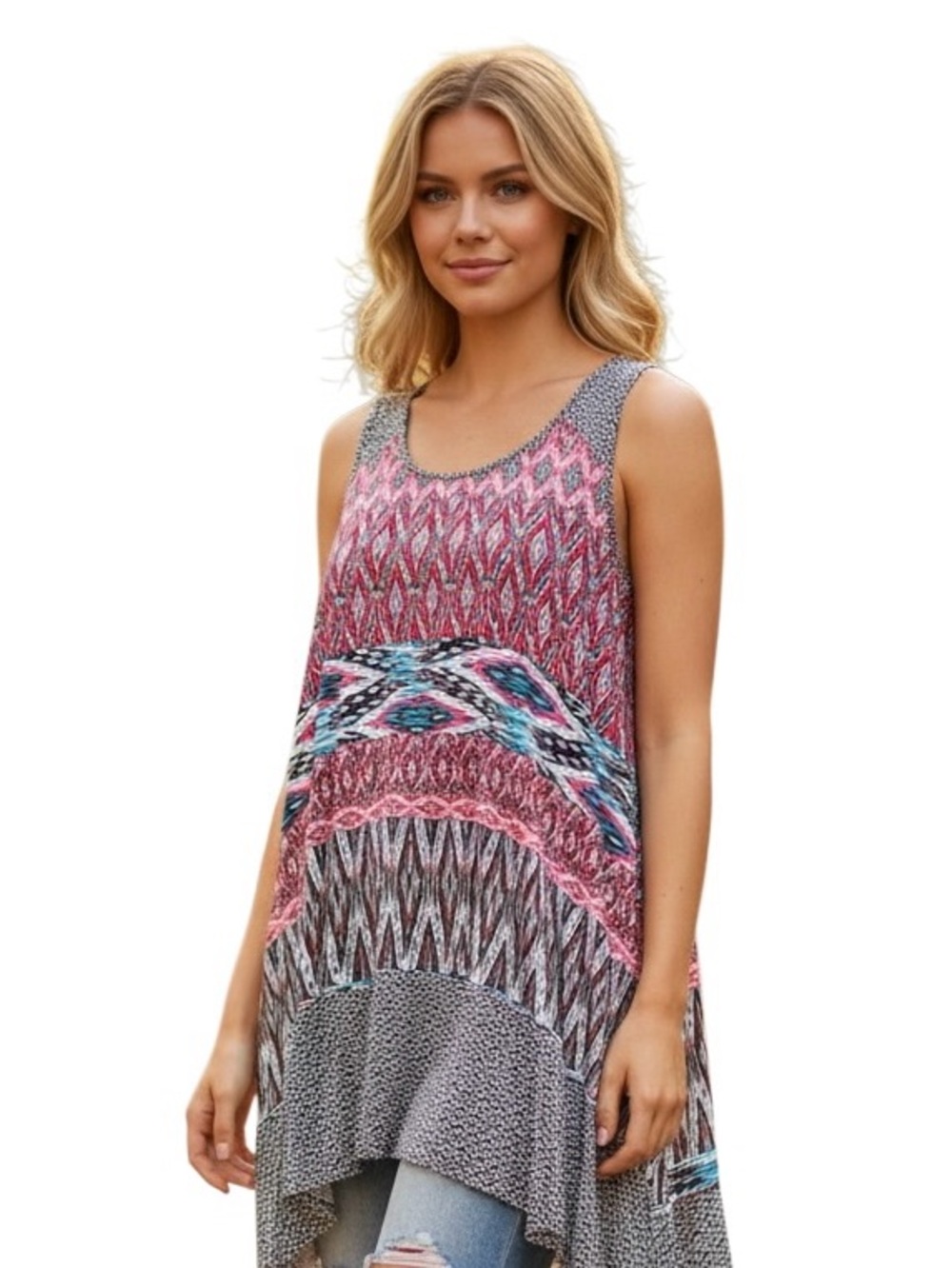MADE IN SAN FRANCISCO Multicolor Boho Tribal Sleeveless Mini Dress or Tunic Top